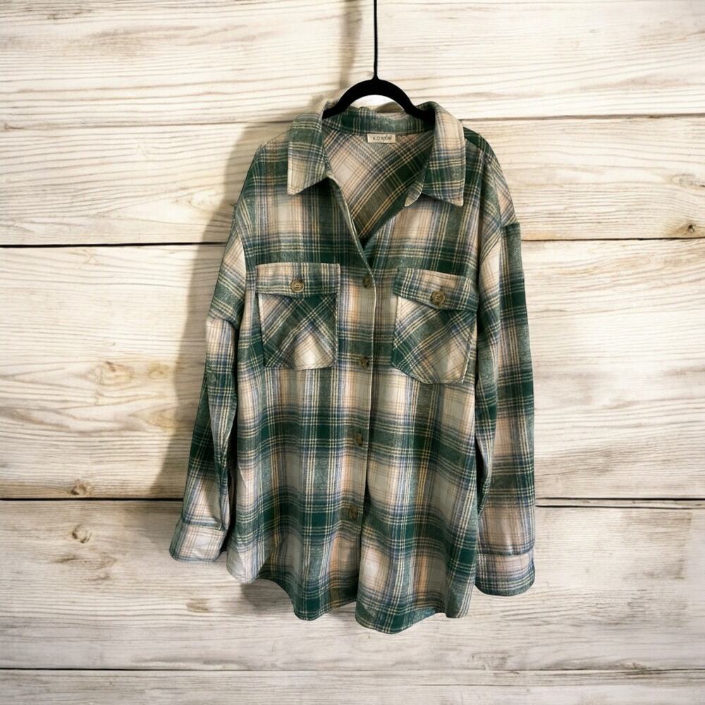 Kori Plus Womans Flannel Shit Shacket Button Down Green Tan Size 1XL Pockets